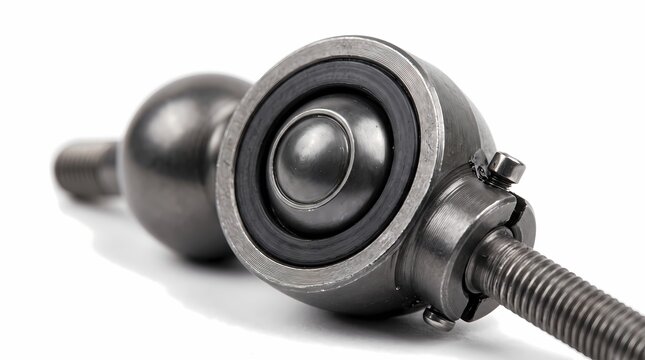 Metallic rod end bearing with threaded bolt, industrial spherical ball joint for machinery, precision mechanical component on white background