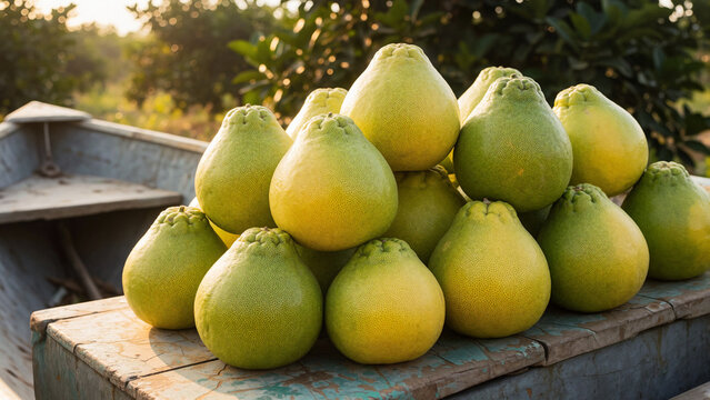 Pomelos stacked in the boat hull, on a tropical pomelo farm, golden hour