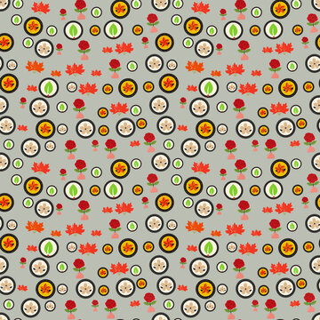 Seamless pattern of roses, maple leaves, and floral circles