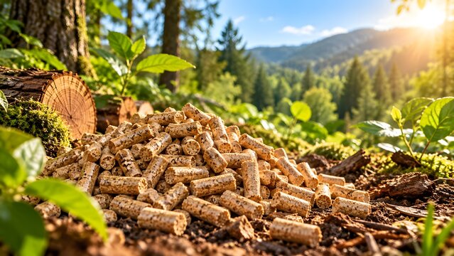 Pile of sustainable biomass wood pellets on the forest floor with bright sunlight through the trees, representing renewable energy and eco-friendly heating solutions in a natural setting