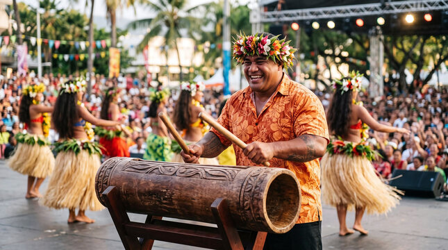 Tahitian drummer playing wooden toere at the Heiva i Tahiti festival stage