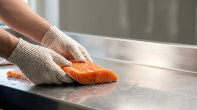 Salmon food preparation food security solutions support hygienic handling with gloved hands on steel work surface