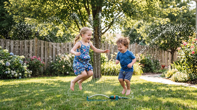 Joyful siblings jumping over lawn sprinkler in backyard garden on a sunny day