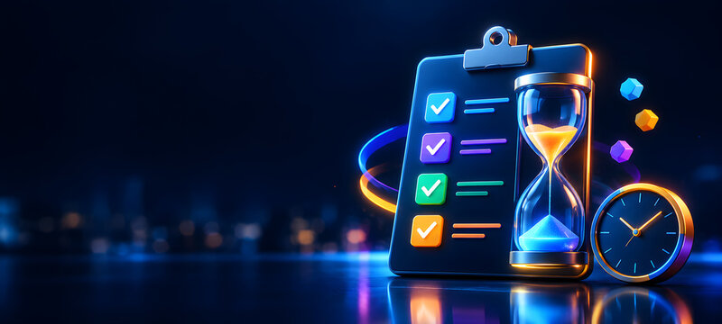 Checklist Clipboard with Hourglass and Clock Concept for Deadline and Time Management