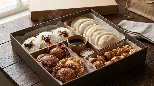 A delightful assortment of wintertime sweets and treats beautifully arranged in a dark wooden box offering a comforting indulgence during the colder months of the