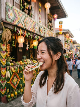 Happy Asian woman tasting grilled kiping during Pahiyas Festival in Lucban
