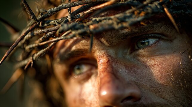Intense portrait reveals suffering man wearing thorny crown, deeply shadowed face, capturing anguish and spiritual sacrifice