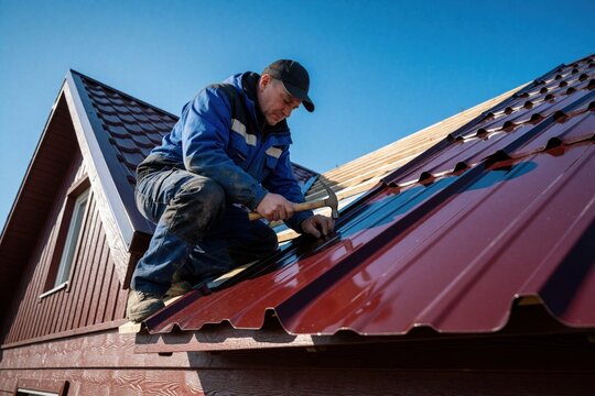 Caucasian male roofer installs new metal roof sheets on residential house. Professional handyman uses hammer to fix red tin roofing after hurricane damage. Construction worker performs home