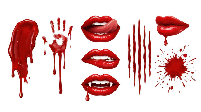 Set of pixel art vampire lips hand print and blood splatters for gothic horror design elements