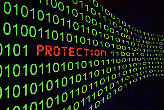 Cybersecurity protection text, green binary code background, data security