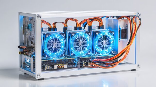 Custom Open Frame Computer With Triple Glowing Blue Fans And Visible Wiring On Grey Background