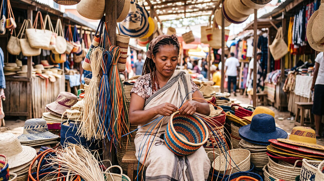 Malagasy woman weaving a colorful raffia basket in a vibrant artisan market