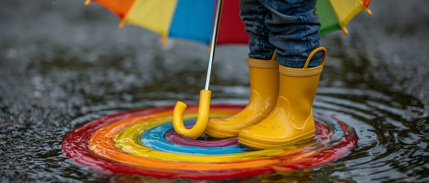 A child wearing yellow rain boots stands in a puddle creating rainbow ripples while holding a colorful umbrella against a wet.