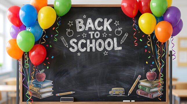 autumn semester Back to School, Chalkboard Decor, Colorful balloons with ribbons on a chalkboard background Place for text Back to school Generative AI