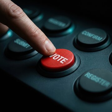 Finger pressing vote button on control panel , Election Law Justice And Democracy Concept.