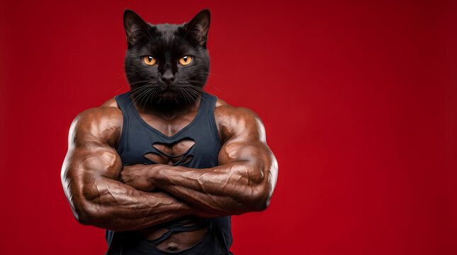 Animal, Bodybuilder, Portrait of Strong black cat body builder super muscles bodybuilder cat with arms crossed image of a pet cats head on a human