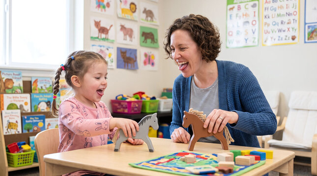 Speech therapist and happy toddler practicing articulation with toy horses