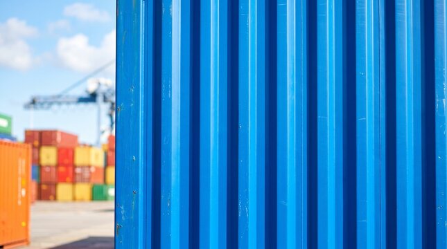 Blue cargo container corrugated steel wall in a shipping yard  