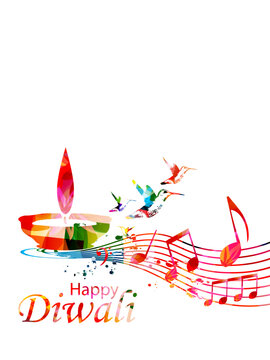 Diwali Festival Illustration with Colorful Hummingbirds, Diya Oil Lamp and Musical Notes
