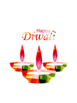 Happy Diwali Greeting with Three Traditional Colorful Diya Oil Lamps