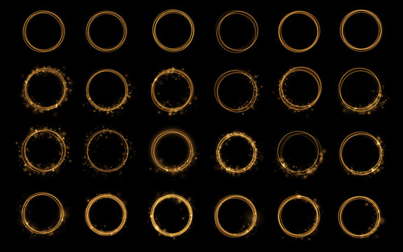 Multiple golden circular light frames with varying glow intensity and sparkle effects. Each ring showcases intricate swirling patterns and scattered shimmering particles.