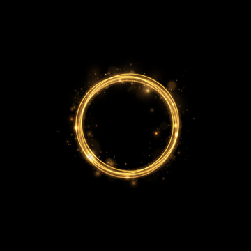 A luminous golden circular ring dominates the center against a dark background. The ring glows with soft sparkling particles and subtle light flares. This radiant halo effect is ideal for.