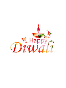 Happy Diwali Colorful Typography with Traditional Diya Oil Lamp and Butterflies