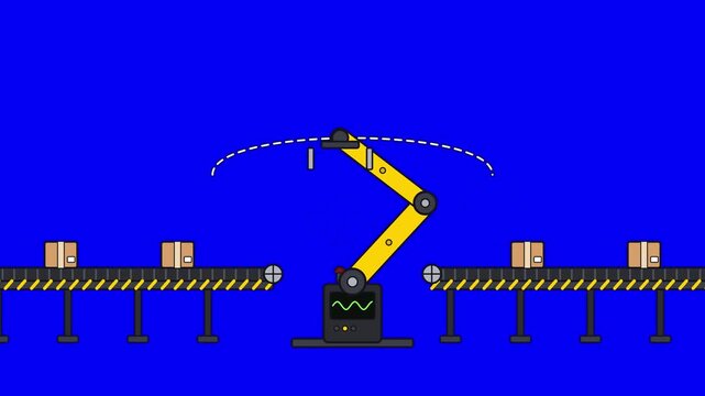 Industrial Robotic Arm Moving Boxes Between Conveyors on Blue Screen