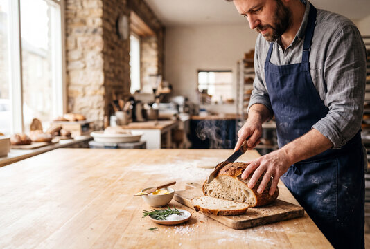 Male artisan baker slicing freshly baked rustic bread on a wooden worktable in a warm traditional bakery with natural light.
