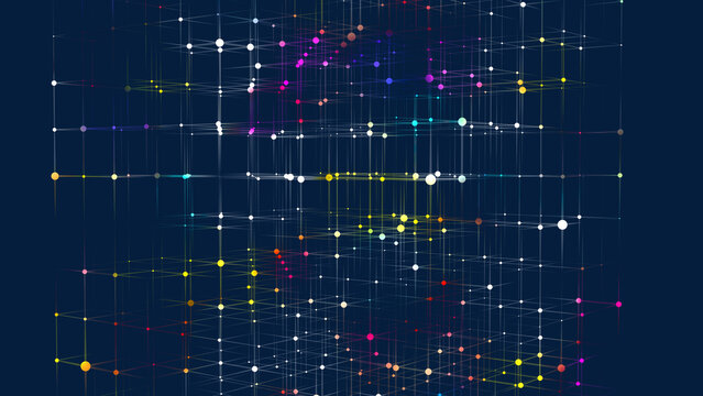abstract geometrical cube structure with glowing colorful nodes and lines isolated on dark blue background, symbolic graphical illustration for quantum technology, ai and futuristic connectivity