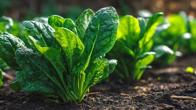 Vibrant green spinach leaves grow abundantly in rich dark soil, representing healthy food and sustainable agriculture practices