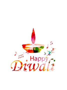 Happy Diwali Greeting with Colorful Hummingbirds and Traditional Diya Oil Lamp