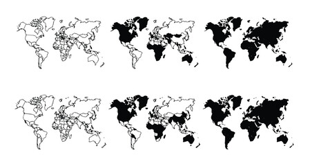 World map set with outlines and solid continents for geography and travel © Mustafa