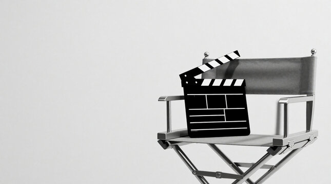 Black, white studio shot of director chair with movie clapperboard. Cinema production equipment sits on empty seat against plain wall. Minimalist film set concept for motion picture industry,