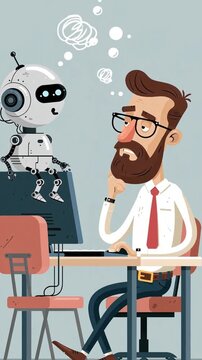 Businessman and robot working on computer, flat design cartoon style, animation