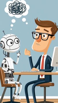 Businessman and robot working on computer, flat design cartoon style, animation