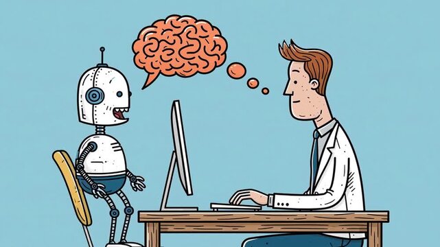 Businessman and robot working on computer, flat design cartoon style, animation