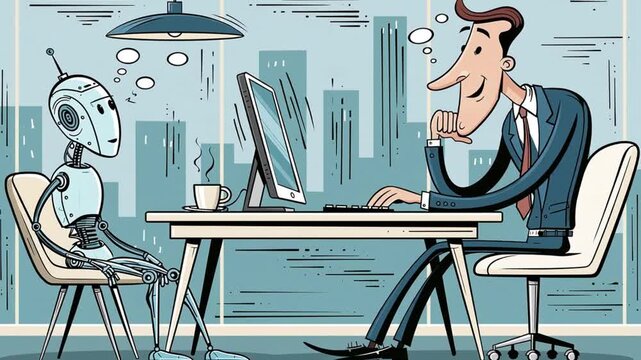 Businessman and robot working on computer, flat design cartoon style, animation