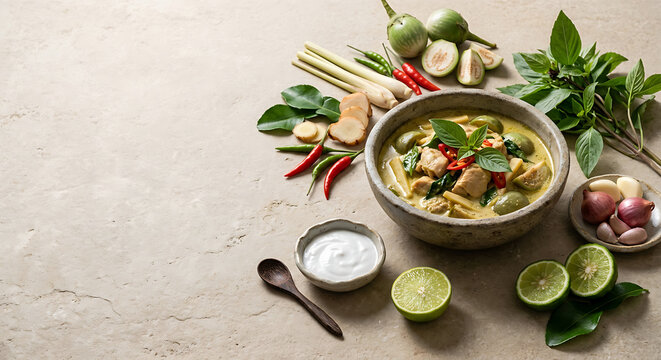 Authentic Thai Green Curry Bowl with Fresh Lemongrass, Kaffir Lime, Galangal, and Coconut Milk on Stone Table   