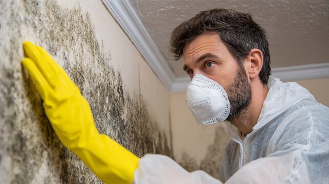 Man wearing protective gear cleaning mold from a damp wall, representing home maintenance and remediation concept for insurance purposes