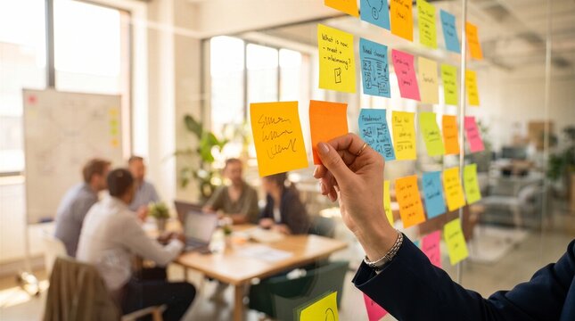 Sticky Notes Arranged on a Glass Wall in a Modern Office Setting, Showcasing a Brainstorming Session and Collaborative Workflow.