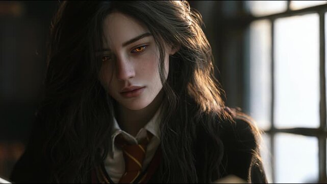Close-up portrait of a young woman with amber eyes, cinematic realism, dark interior, sunlit window, mystery and introspection