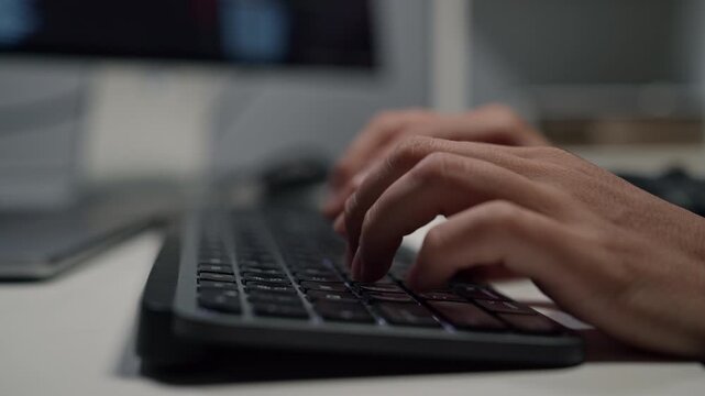 Close-up of Caucasian male programmer hands typing on a computer keyboard while working on software development in a modern office, coding and technology workplace concept.
