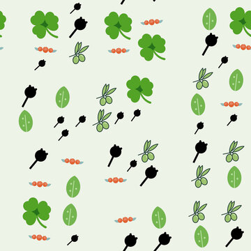 Pattern of simple icons: clover, olive branch, leaf, and flower bud