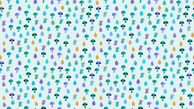 Seamless pattern of cartoon mushrooms and leaves