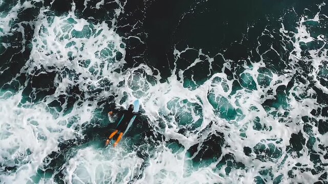 Aerial drone top down view of lone surfer with blue surfboard paddling through dramatic white foam waves and dark turquoise ocean water. Surfing action from above