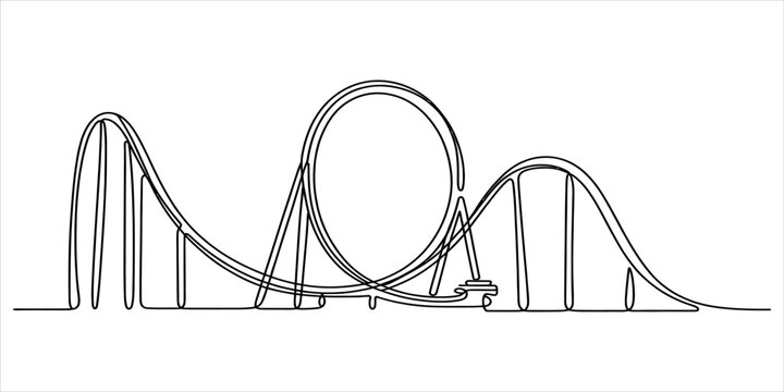 Continuous single line drawing of a roller coaster track with a loop in an amusement park theme