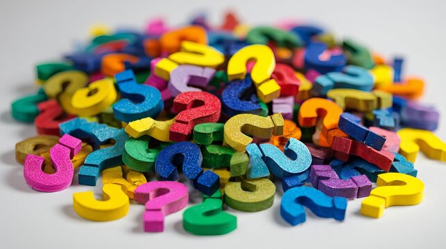Colorful wooden question mark blocks pile up randomly over a white surface, representing uncertainty and seeking knowledge