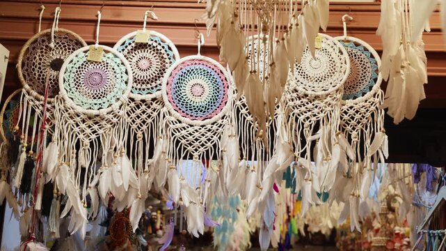Handmade Dreamcatchers Featuring Intricate Weaving Beads Feathers And Decorative Tassels