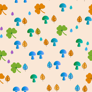 Stylized leaves, mushrooms, and clovers seamless pattern